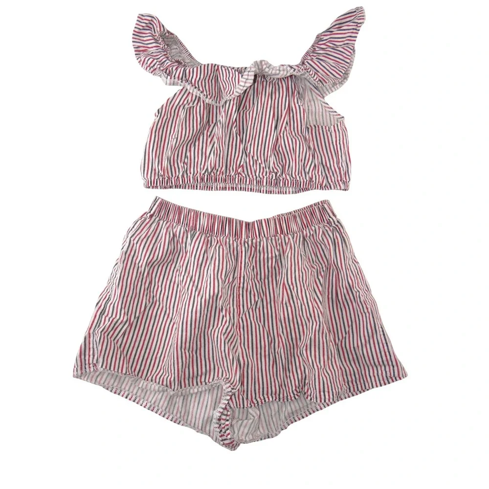 Red‎ White Blue Striped 2 Piece Set Ruffle Crop Top and Shorts Americana Summer